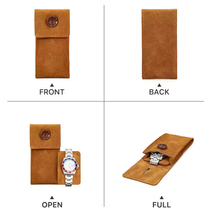 Cow Suede Leather Single Slot Snap Watch Case - Anti-Dust Watch Pouch for Men & Women