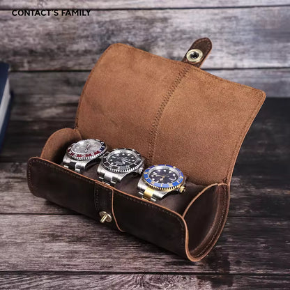 Genuine Leather 3-Slot Watch Roll Case - Portable Watch Holder Gift for Men & Women