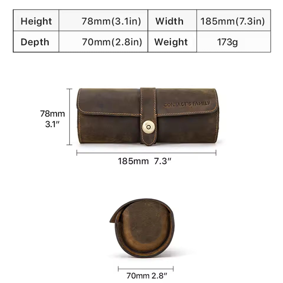 Genuine Leather 3-Slot Watch Roll Case - Portable Watch Holder Gift for Men & Women