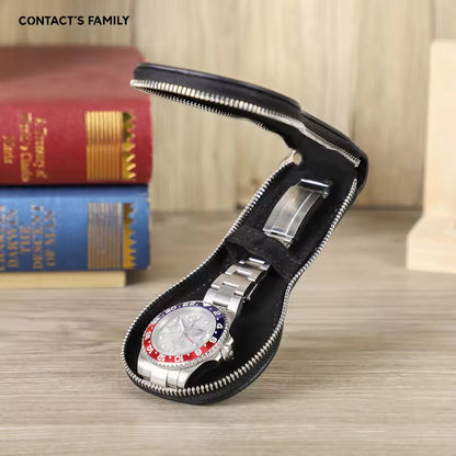 Genuine Saffiano Leather Single Slot Watch Case with Zipper - Portable Travel Watch Organizer