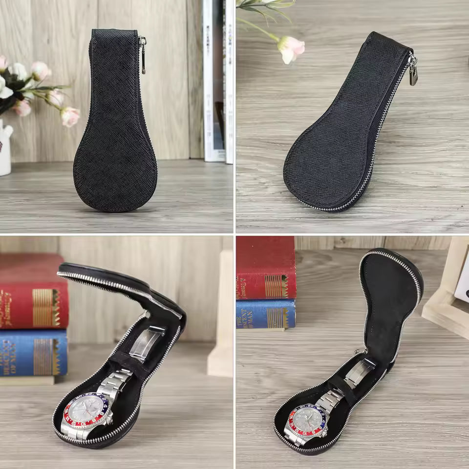 Genuine Saffiano Leather Single Slot Watch Case with Zipper - Portable Travel Watch Organizer