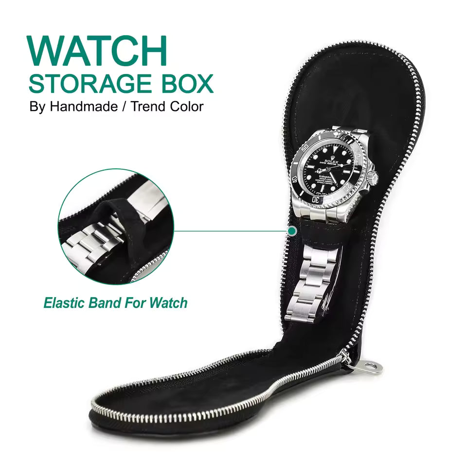 Genuine Saffiano Leather Single Slot Watch Case with Zipper - Portable Travel Watch Organizer