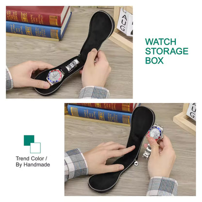 Genuine Saffiano Leather Single Slot Watch Case with Zipper - Portable Travel Watch Organizer