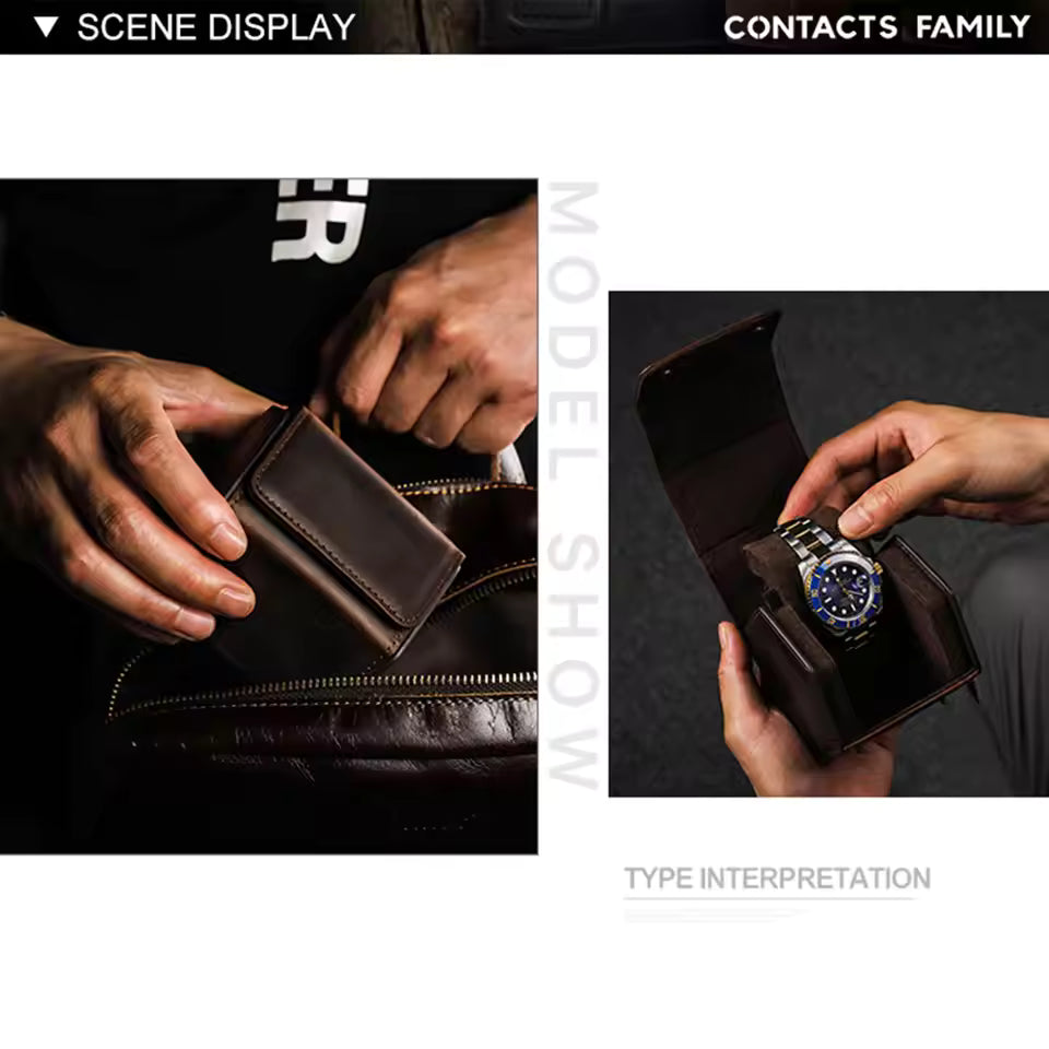 Cowhide Leather Single Slot Watch Roll Case - Travel Portable Watch Case