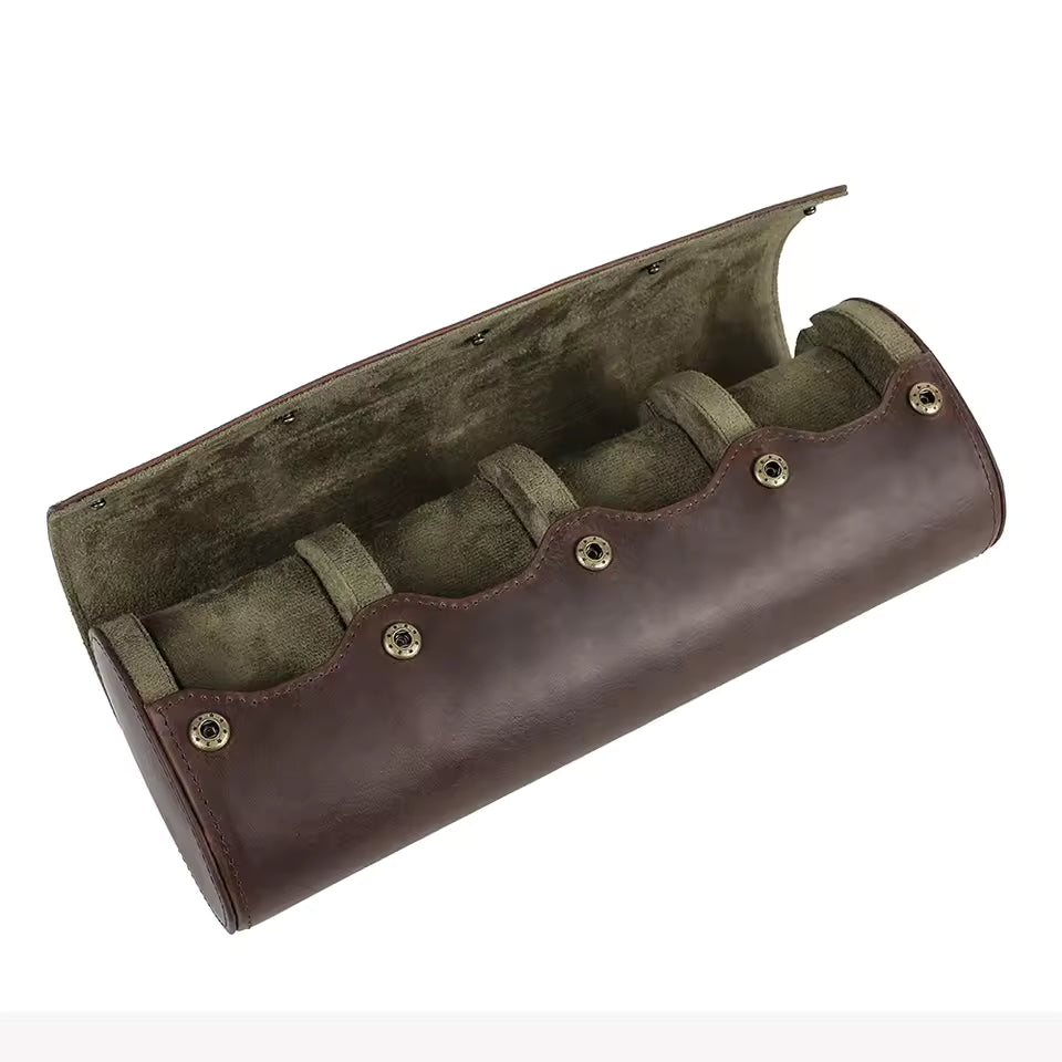 Cowhide Leather 4-Slot Watch Roll Case - Portable Travel Watch Organizer