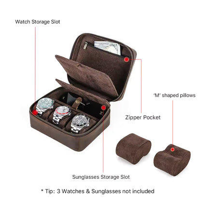 Genuine Leather 3-Slot Watch Box with Sunglasses Compartment - Travel Portable Organizer