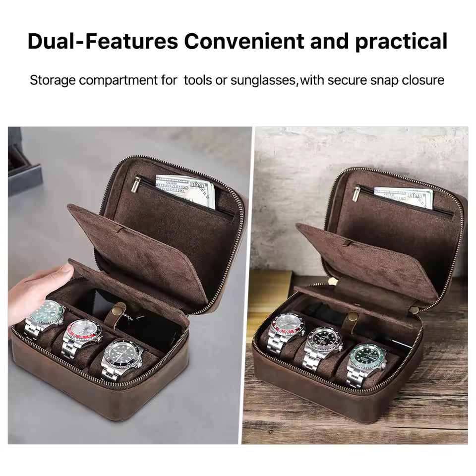 Genuine Leather 3-Slot Watch Box with Sunglasses Compartment - Travel Portable Organizer