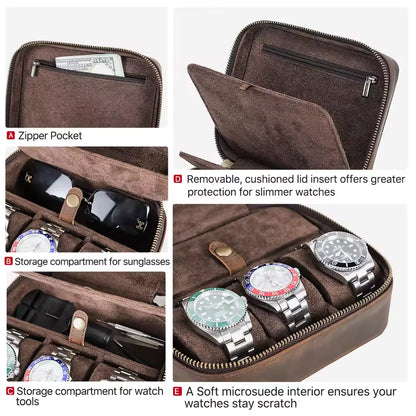 Genuine Leather 3-Slot Watch Box with Sunglasses Compartment - Travel Portable Organizer