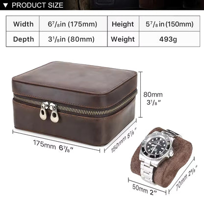 Genuine Leather 3-Slot Watch Box with Sunglasses Compartment - Travel Portable Organizer