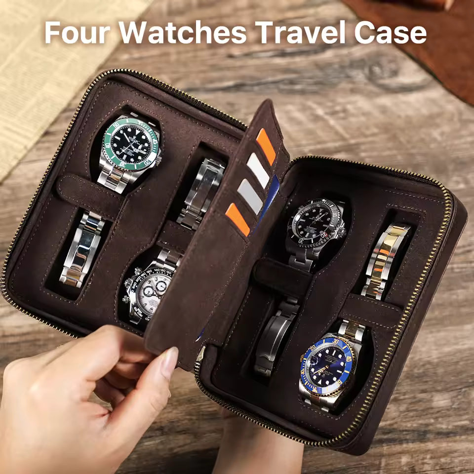Crazy Horse Cowhide Leather 1/4 Slots Watch Case - Portable Watch Box with Card Holder Pocket