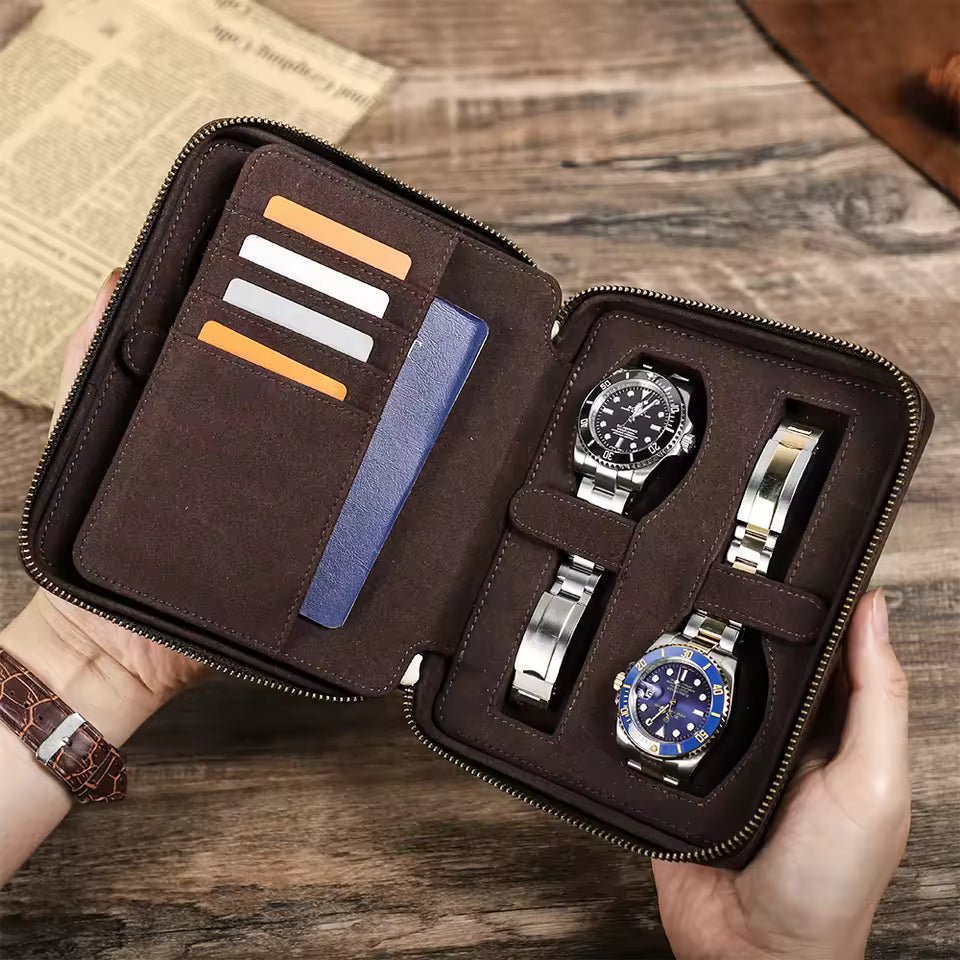 Crazy Horse Cowhide Leather 1/4 Slots Watch Case - Portable Watch Box with Card Holder Pocket
