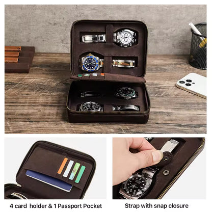 Crazy Horse Cowhide Leather 1/4 Slots Watch Case - Portable Watch Box with Card Holder Pocket