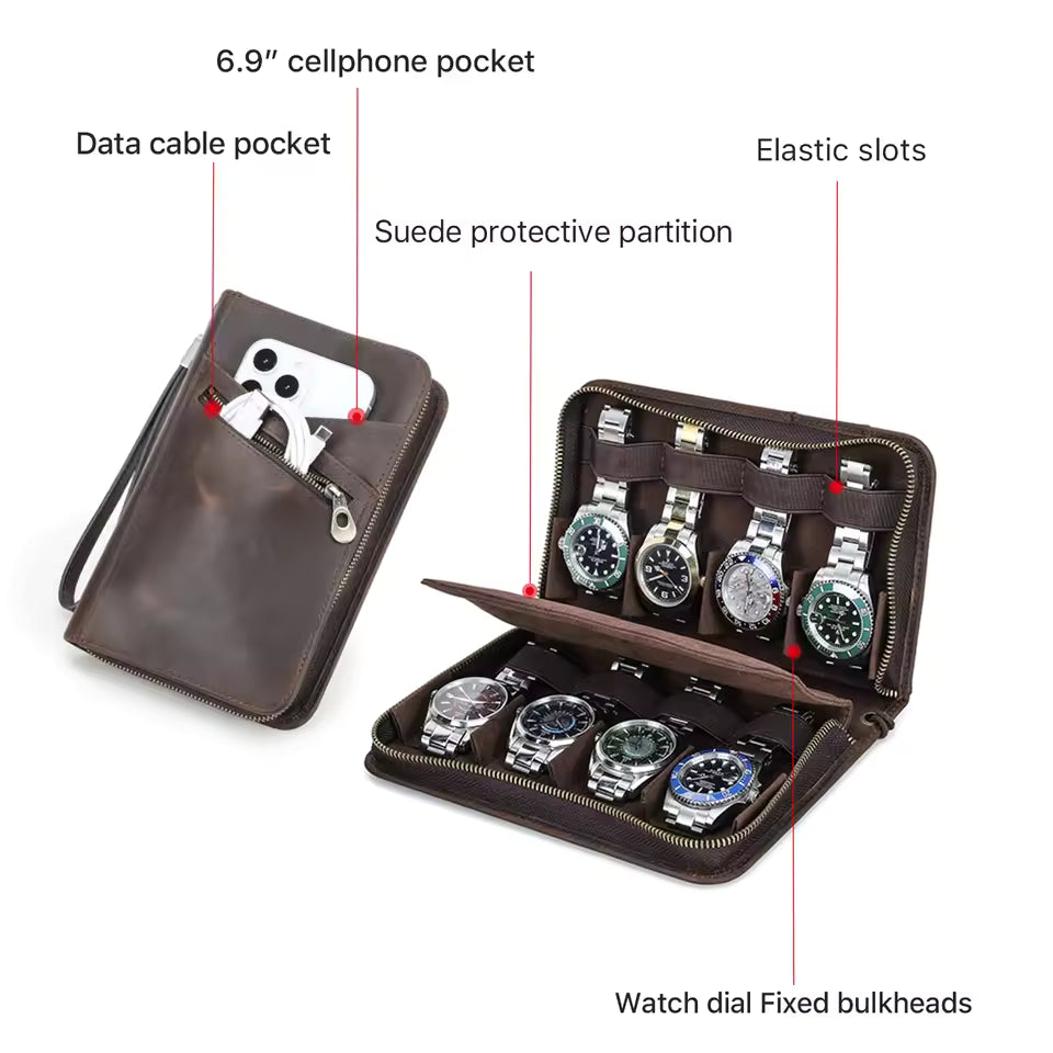 Crazy Horse Genuine Leather 8-Slot Zipper Watch Case - Travel Portable Watch Storage