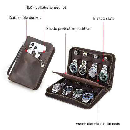Crazy Horse Genuine Leather 8-Slot Zipper Watch Case - Travel Portable Watch Storage