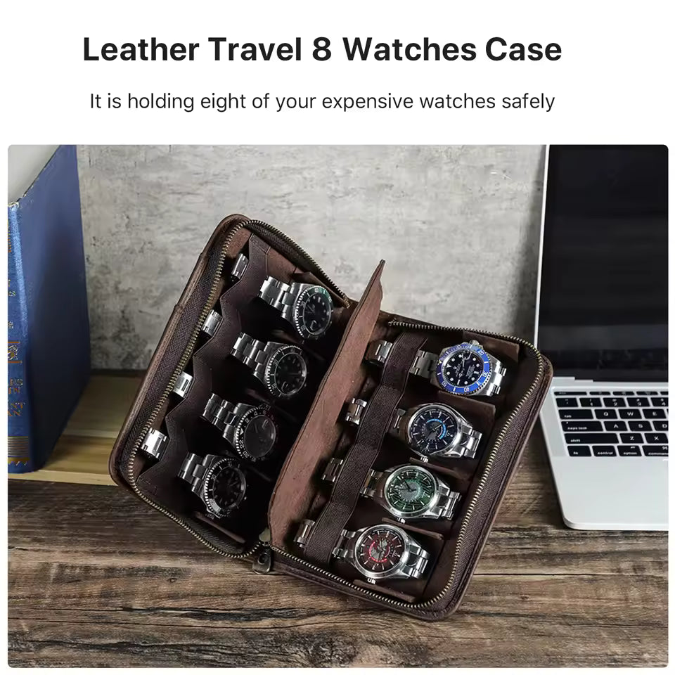 Crazy Horse Genuine Leather 8-Slot Zipper Watch Case - Travel Portable Watch Storage