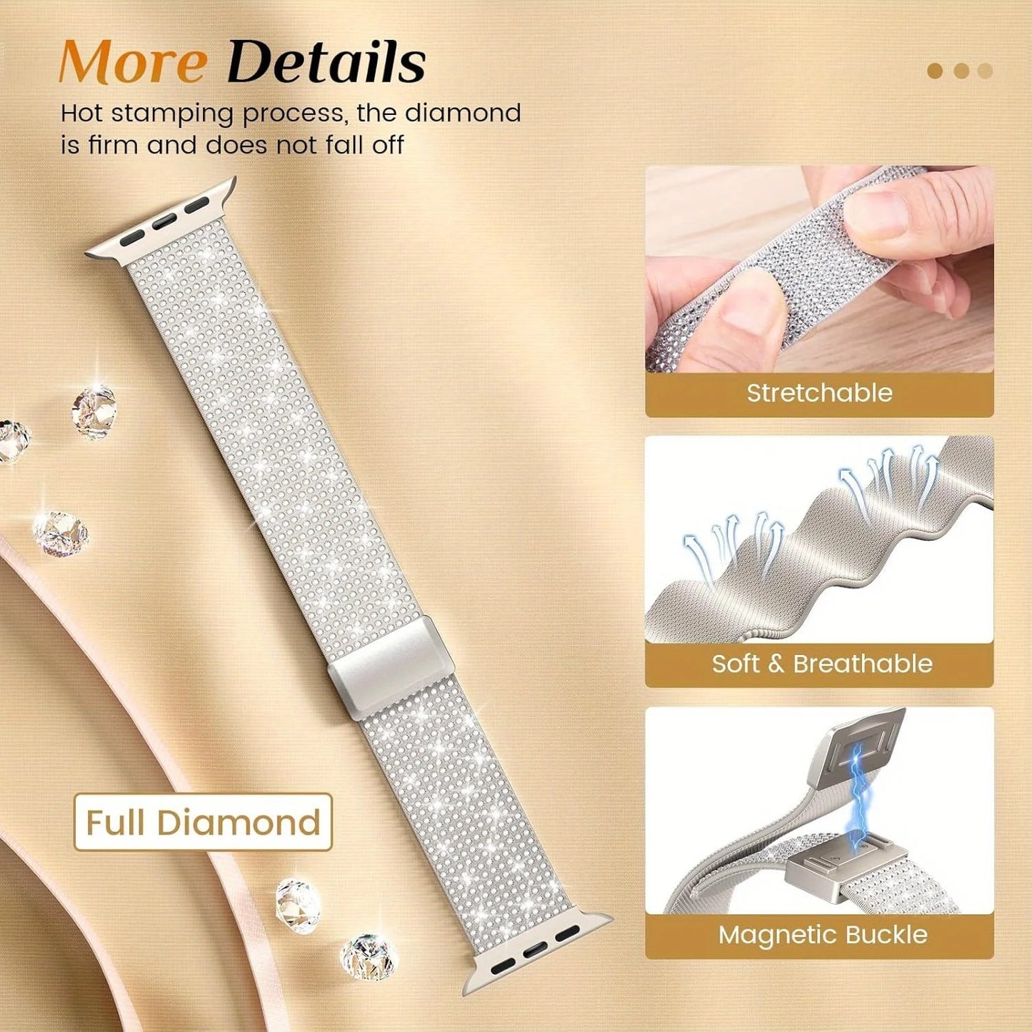 Diamond Bling Nylon Magnetic Bracelet for Apple Watch Ultra3 Band 46mm 45mm 42mm 40mm Series 11/10/9/8/7/6/5/4/3/SE