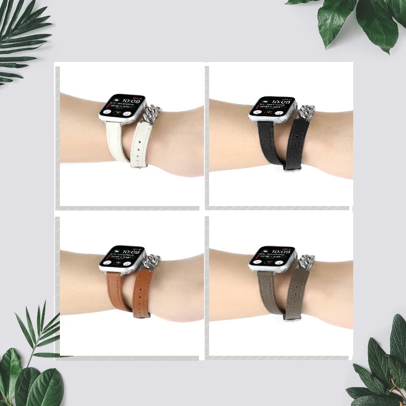 Double Loop Leather Strap for Apple Watch Band iWatch Series Ultra2/10/9/8/7/6/5/4/SE