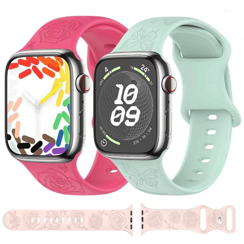 Engraved Pattern Silicone Strap for Apple Watch Band iWatch Series 10/9/8/7/Ultra2/6/5/4/SE2