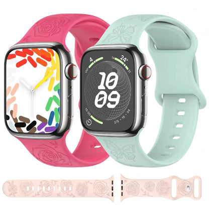 Engraved Pattern Silicone Strap for Apple Watch Band iWatch Series 10/9/8/7/Ultra2/6/5/4/SE2