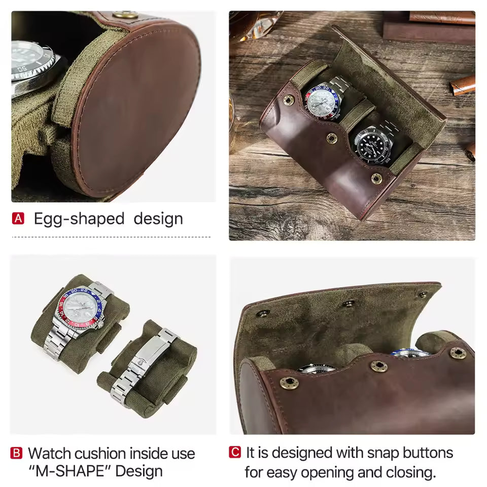 Genuine Cowhide Leather 2-Slot Watch Roll Case - Vintage Portable Watch Organizer