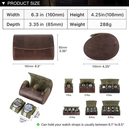 Genuine Cowhide Leather 2-Slot Watch Roll Case - Vintage Portable Watch Organizer