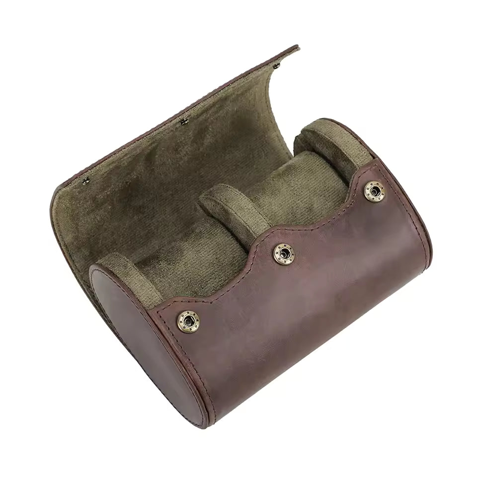 Genuine Cowhide Leather 2-Slot Watch Roll Case - Vintage Portable Watch Organizer