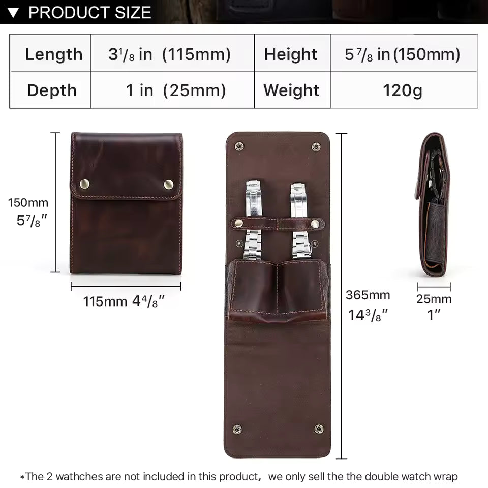 Genuine Leather 2-Slot Watch Case - Protective Watch Storage Pouch