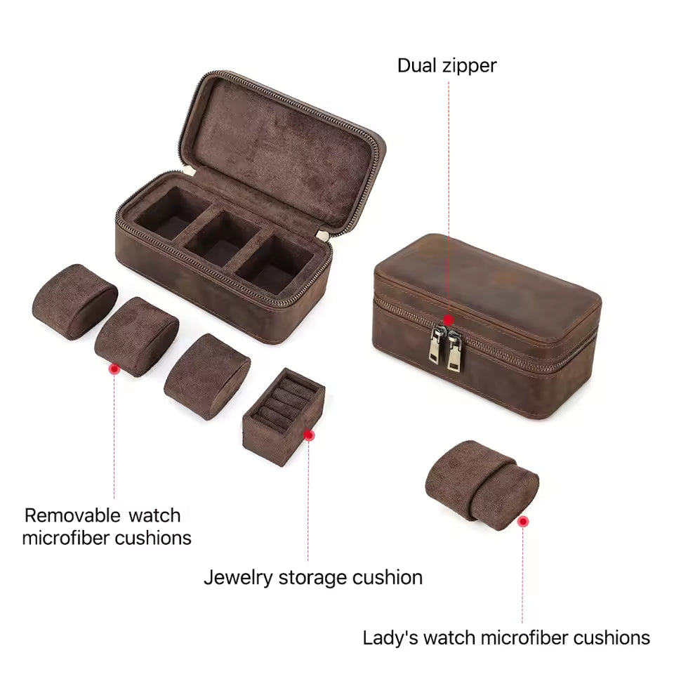 Genuine Leather 3-Grid Jewelry & Watch Box - Travel Portable Storage Gift for Men & Women