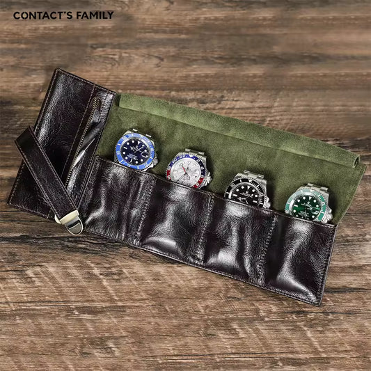 Genuine Leather 4-Slot Watch Case - Portable Travel Watch Roll Pouch