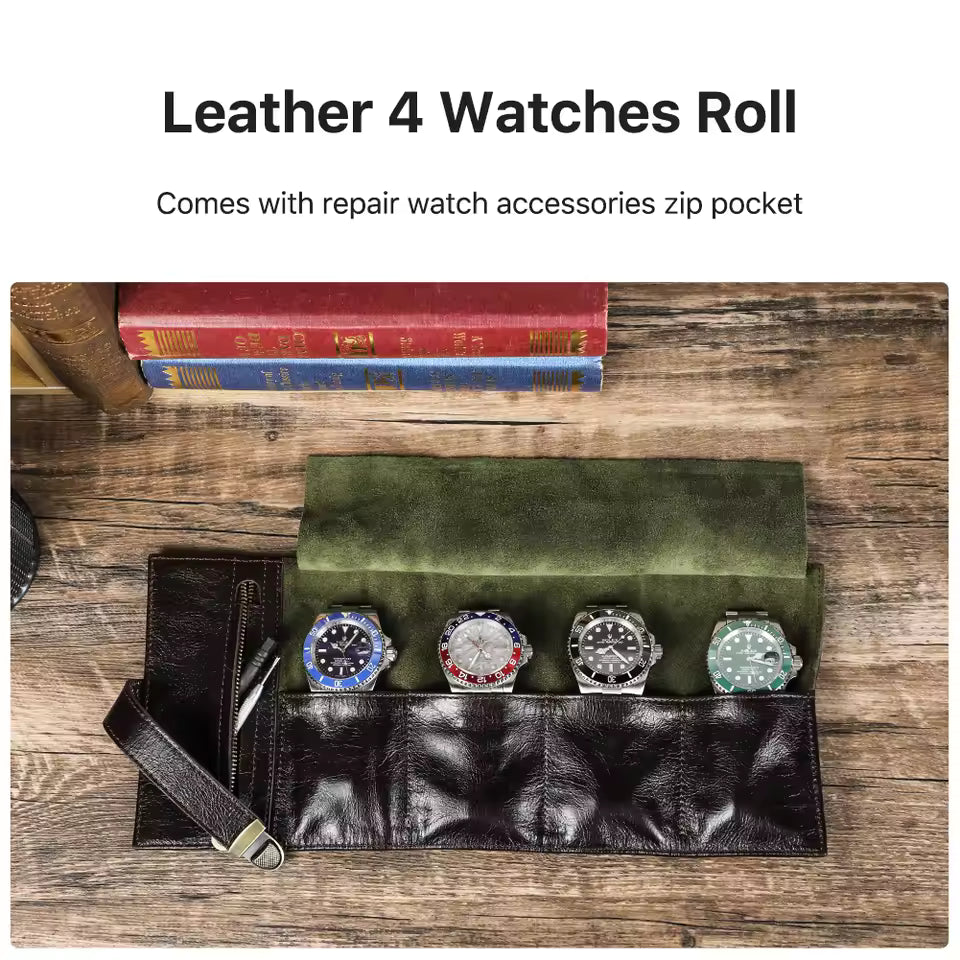 Genuine Leather 4-Slot Watch Case - Portable Travel Watch Roll Pouch