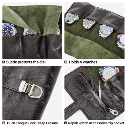 Genuine Leather 4-Slot Watch Case - Portable Travel Watch Roll Pouch