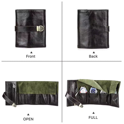 Genuine Leather 4-Slot Watch Case - Portable Travel Watch Roll Pouch