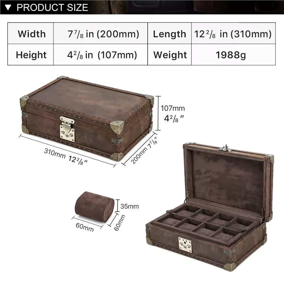 Genuine Leather 8-Slot Watch Box - Large Capacity Removable Cushions Storage Box