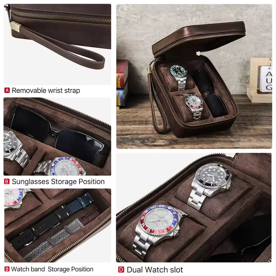 Portable Genuine Leather 2-Slot Sunglasses & Watch Box - Storage Organizer Gift for Watch Lovers