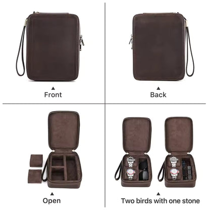 Portable Genuine Leather 2-Slot Sunglasses & Watch Box - Storage Organizer Gift for Watch Lovers
