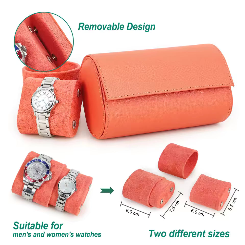 Genuine Saffiano Leather 2-Slot Watch Roll Case - Luxury Travel Watch Storage Organizer