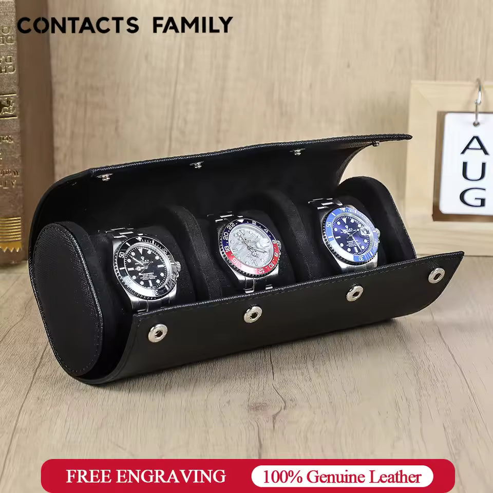 Genuine Saffiano Leather 3-Slot Watch Roll Case - Portable Travel Watch Storage Organizer