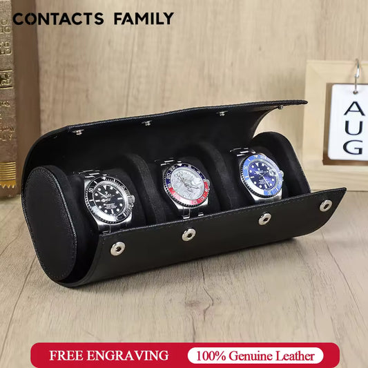 Genuine Saffiano Leather 3-Slot Watch Roll Case - Portable Travel Watch Storage Organizer