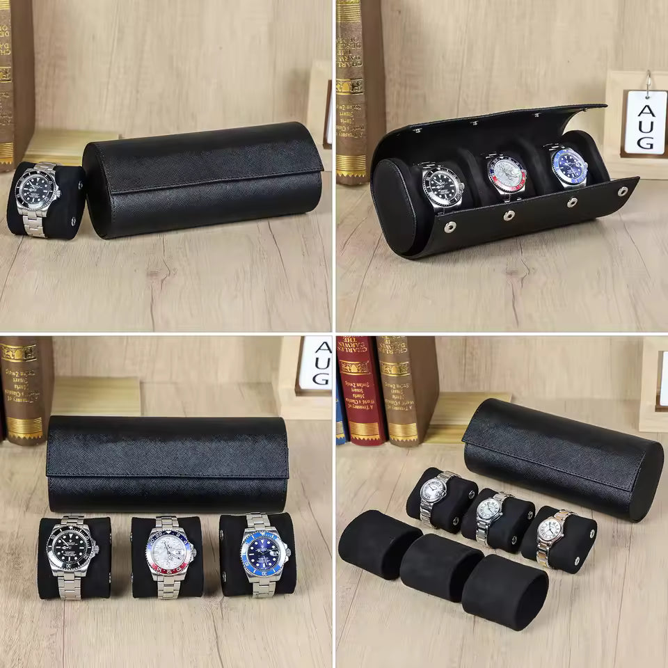 Genuine Saffiano Leather 3-Slot Watch Roll Case - Portable Travel Watch Storage Organizer
