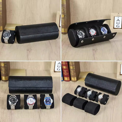 Genuine Saffiano Leather 3-Slot Watch Roll Case - Portable Travel Watch Storage Organizer