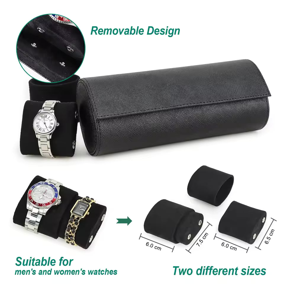 Genuine Saffiano Leather 3-Slot Watch Roll Case - Portable Travel Watch Storage Organizer