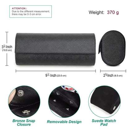 Genuine Saffiano Leather 3-Slot Watch Roll Case - Portable Travel Watch Storage Organizer