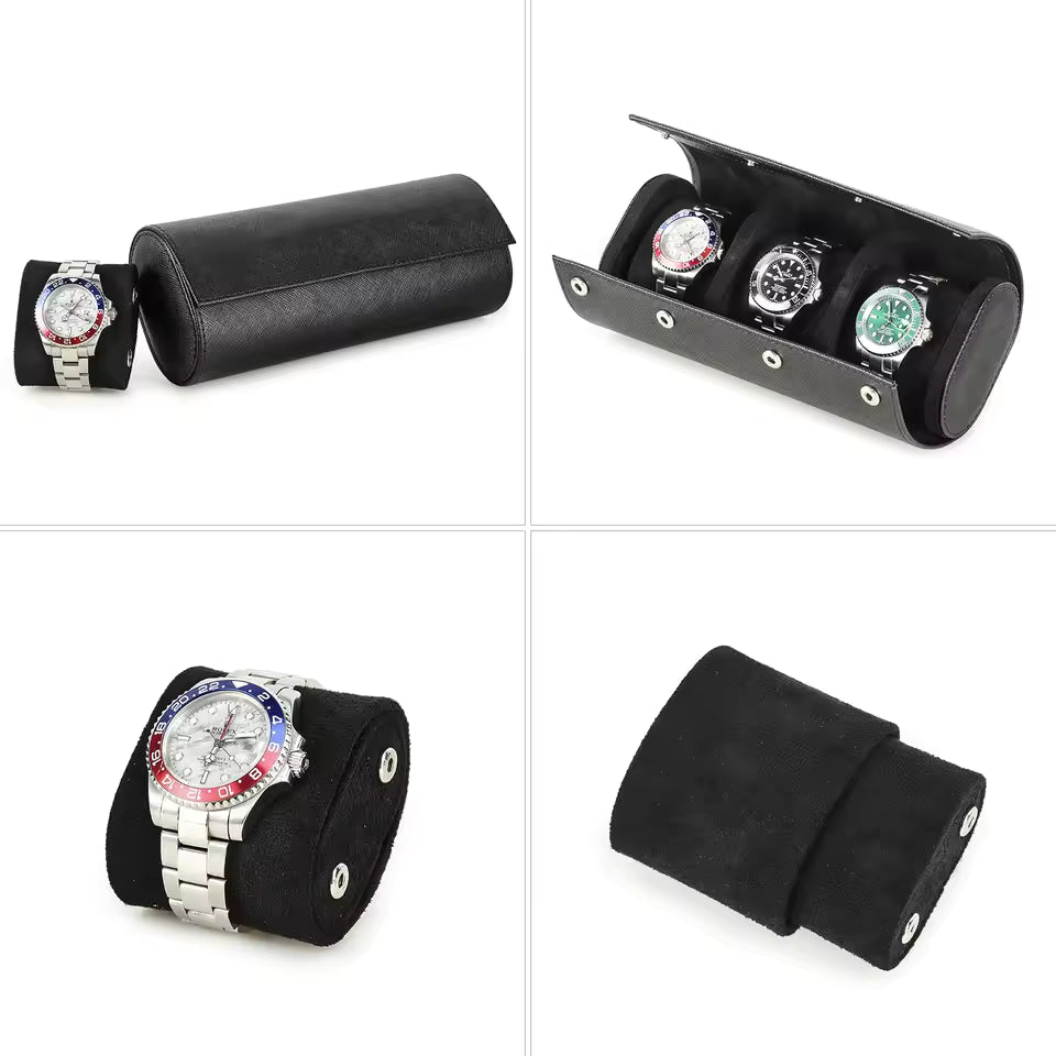Genuine Saffiano Leather 3-Slot Watch Roll Case - Portable Travel Watch Storage Organizer