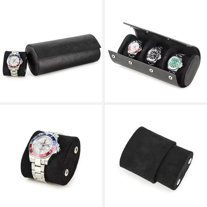 Genuine Saffiano Leather 3-Slot Watch Roll Case - Portable Travel Watch Storage Organizer