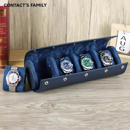 Genuine Saffiano Leather 4-Slot Watch Roll Case - Travel Portable Watch Organizer