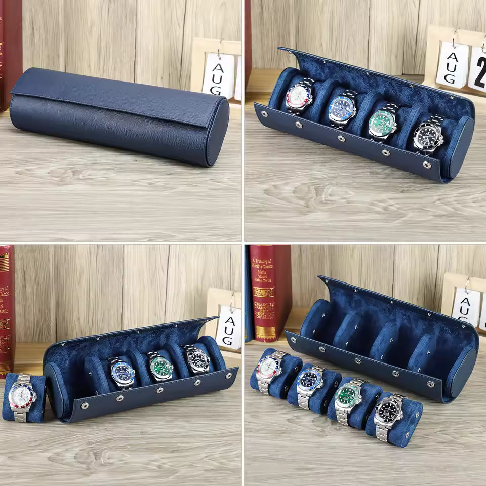Genuine Saffiano Leather 4-Slot Watch Roll Case - Travel Portable Watch Organizer