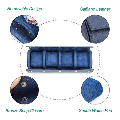 Genuine Saffiano Leather 4-Slot Watch Roll Case - Travel Portable Watch Organizer