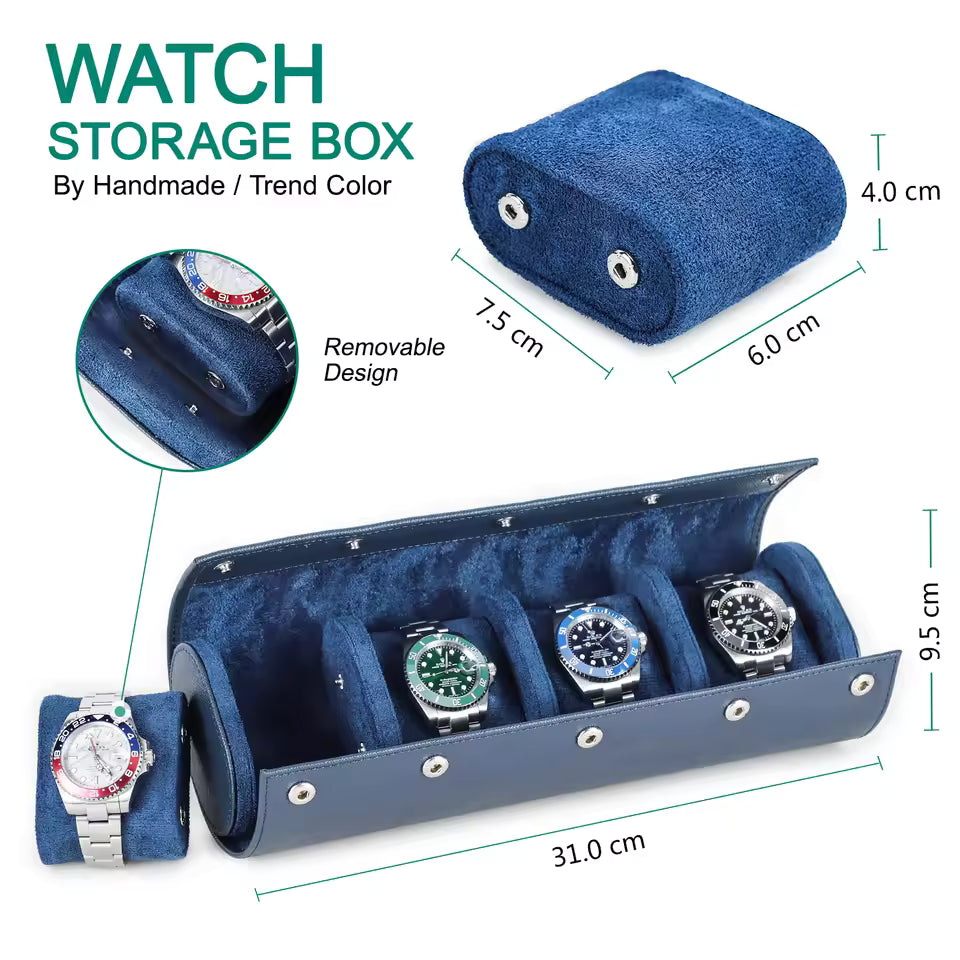 Genuine Saffiano Leather 4-Slot Watch Roll Case - Travel Portable Watch Organizer