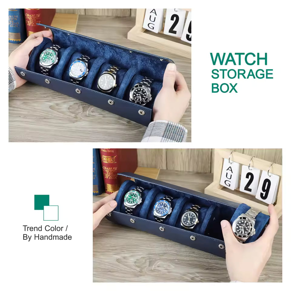Genuine Saffiano Leather 4-Slot Watch Roll Case - Travel Portable Watch Organizer