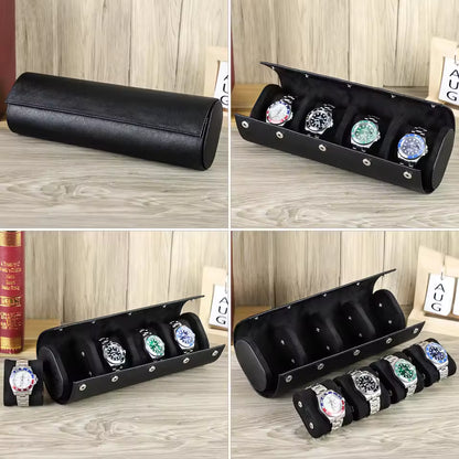 Genuine Saffiano Leather 4-Slot Watch Roll Case - Travel Portable Watch Organizer